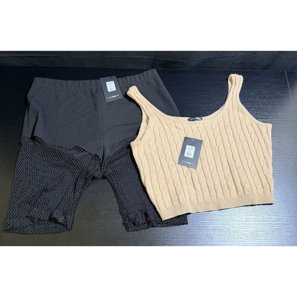 Fashion Nova Women's Plus Size 1X Clothing Lot Crop Top Net Biker Shorts NWT